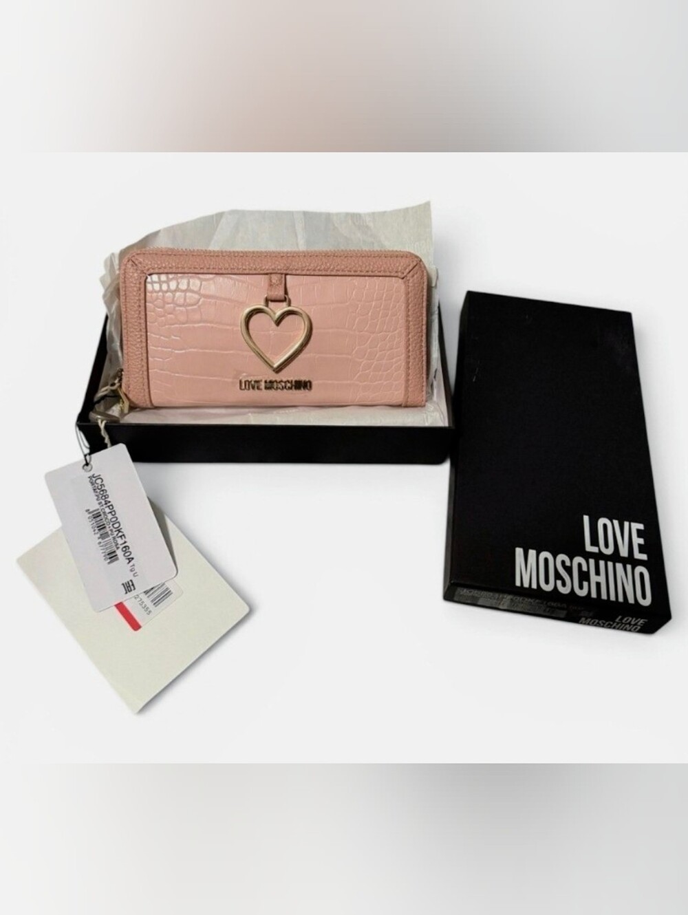 LOVE MOSCHINO ⭐ PORTOFINO WALLET 🎀 Pink Croc Embossed Leather🐊 Gold HW $250 R